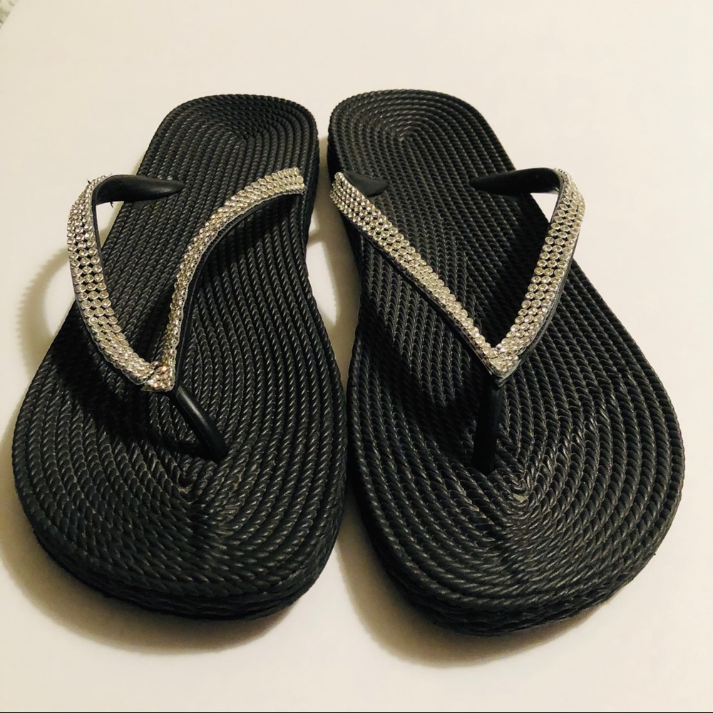 Black and Rhinestone thong Flip-Flops Size 41.